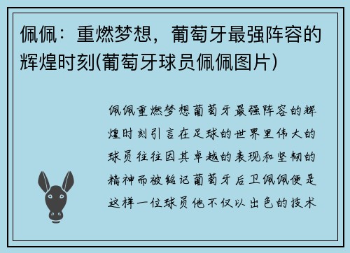 佩佩：重燃梦想，葡萄牙最强阵容的辉煌时刻(葡萄牙球员佩佩图片)