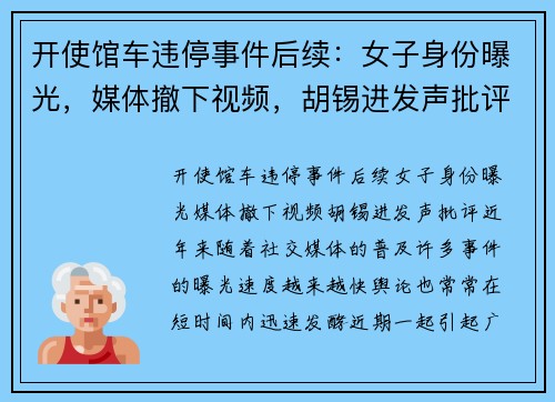 开使馆车违停事件后续：女子身份曝光，媒体撤下视频，胡锡进发声批评